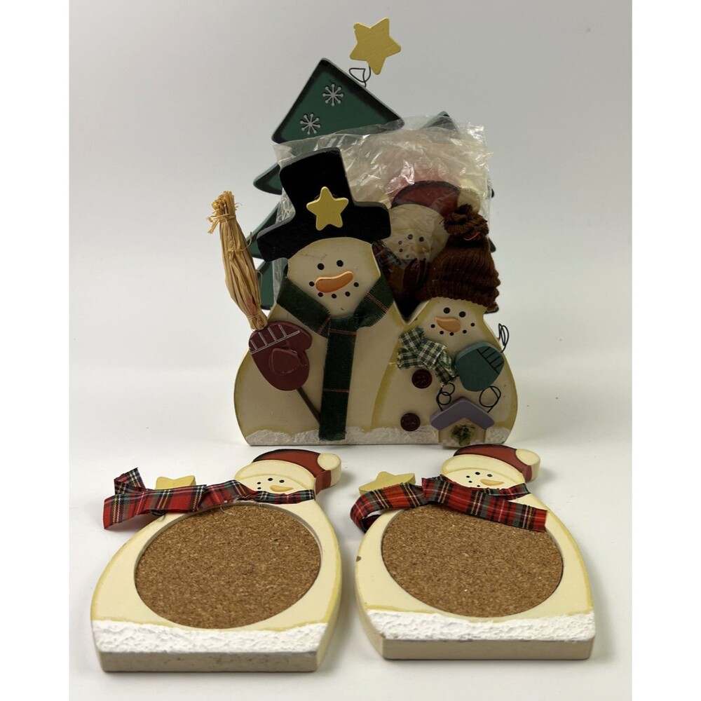Snowman Family Cocoa/coffee Coaster Set with Wood Box Holder Cork Base Set of 6